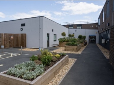 new hospital building and courtyard