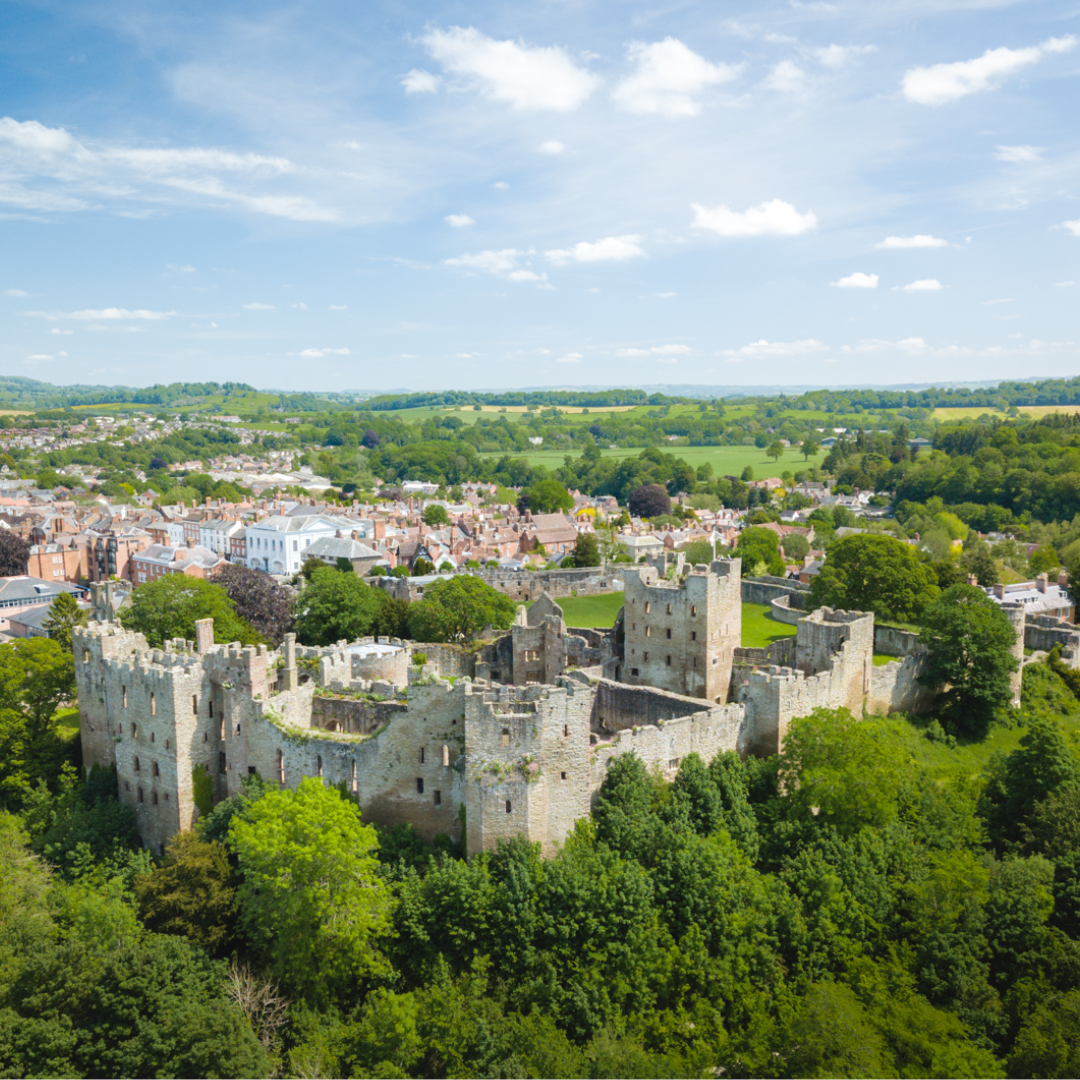 Large castle ruins set amongst green trees and bushes